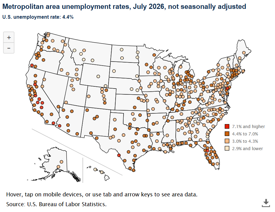 Metropolitan Area Unemployment Rates, July 2026, Not Seasonally Adjusted
