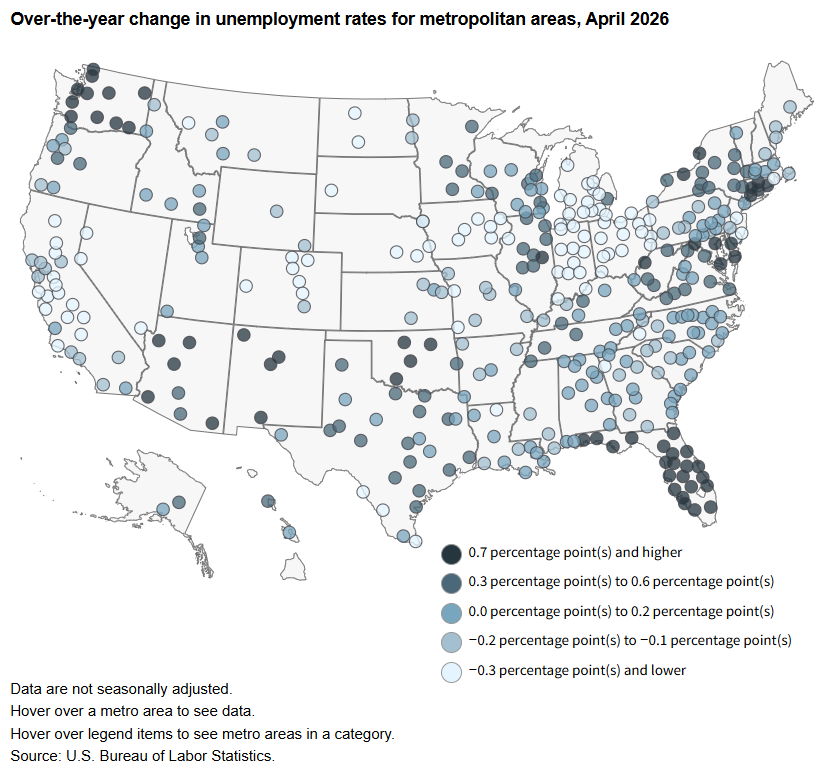 Unemployment rates rose in 200 metro areas from April 2025 to April 2026