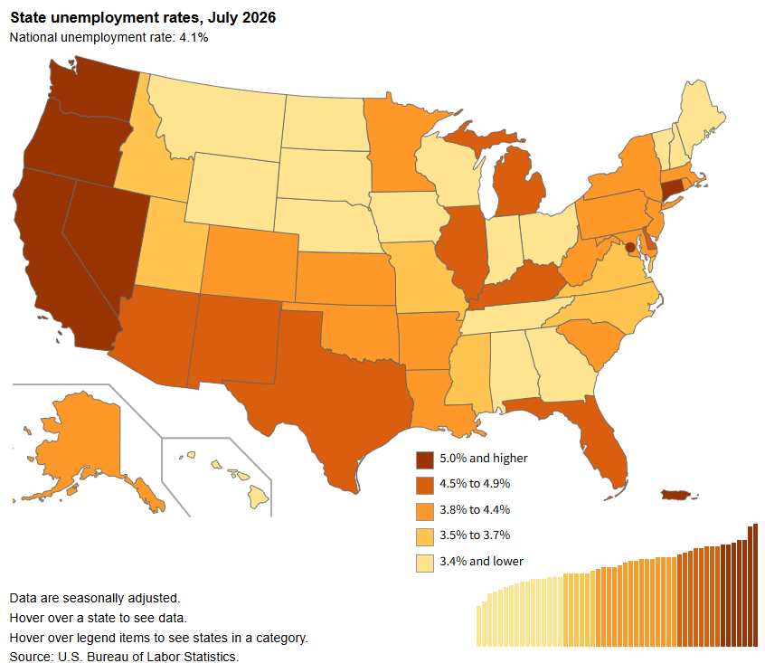 Interactive U.s. State Map Showing State Unemployment Rates For July 2026, Seasonally Adjusted.