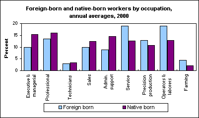 Foreign-born and native-born workers by occupation, annual averages, 2000