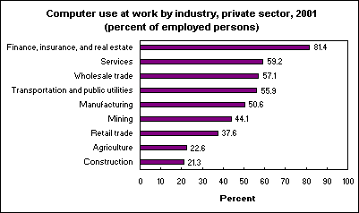 Computer use at work by industry, private sector, 2001 (percent of employed persons)