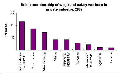 Union membership of wage and salary workers in private industry, 2002