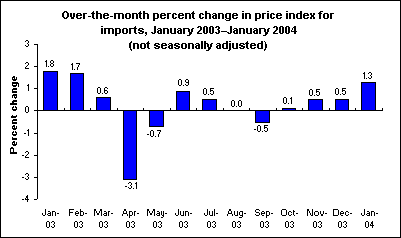 Over-the-month percent change in price index for imports, January 2003–January 2004 (not seasonally adjusted)