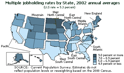 Multiple jobholding rates by State, 2002 annual averages