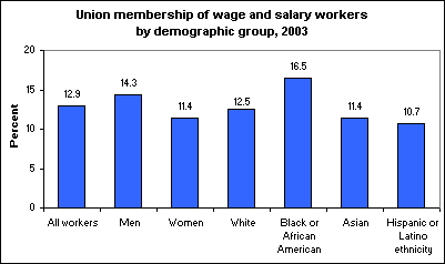 Union membership of wage and salary workers by demographic group, 2003