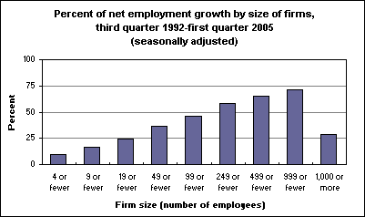 Percent of net employment growth by size of firms, third quarter 1992-first quarter 2005 (seasonally adjusted)