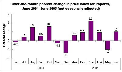 Over-the-month percent change in price index for imports, June 2004–June 2005 (not seasonally adjusted)