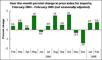 Over-the-month percent change in price index for imports, February 2004 – February 2005 (not seasonally adjusted)