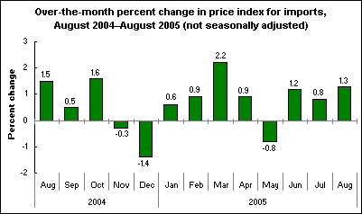 Over-the-month percent change in price index for imports, August 2004–August 2005 (not seasonally adjusted)