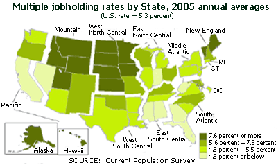 Multiple jobholding rates by State, 2005 annual averages