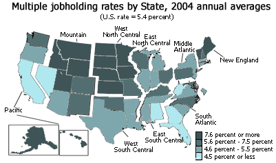 Multiple jobholding rates by State, 2004 annual averages