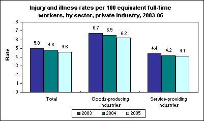 Injury and illness rates per 100 equivalent full-time workers, by sector, private industry, 2003-05