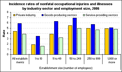 Incidence rates of nonfatal occupational injuries and illnesses by industry sector and employment size, 2006