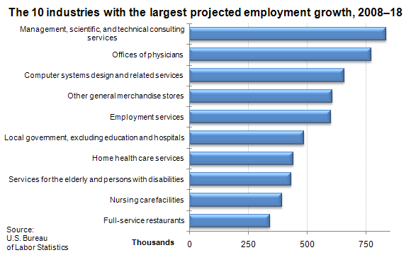 The 10 industries with the largest projected employment growth, 2008–18