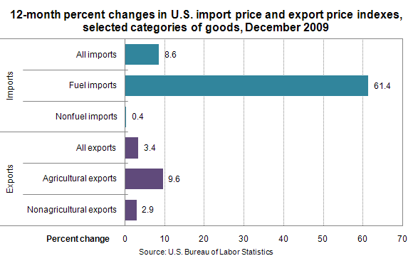 12-month percent changes in U.S. import price and export price indexes, selected categories of goods, December 2009