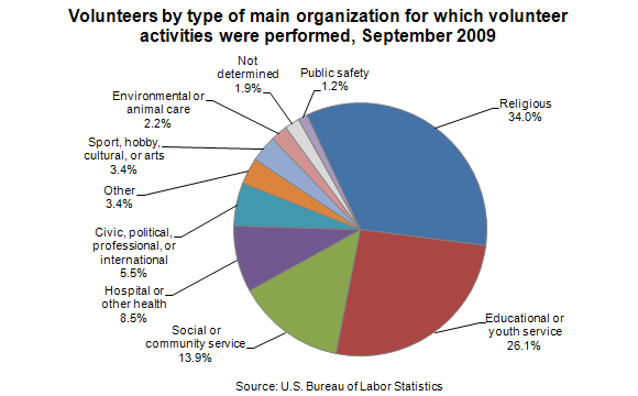 Volunteers by type of main organization for which volunteer activities were performed, September 2009