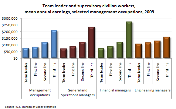 Team leaders and supervisory workers, mean annual earnings, selected management occupations, 2009