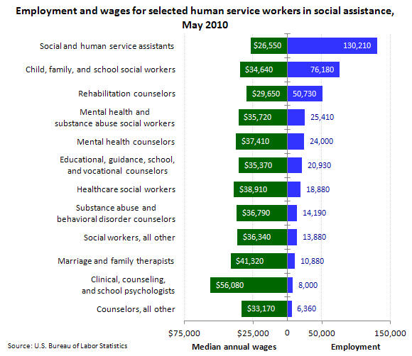 Employment and wages for selected human service workers in social assistance, May 2010