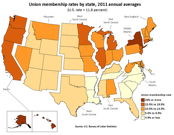 Union membership rates by state, 2011 annual averages