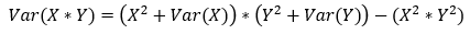 The variance of X multiplied by Y equals the sum of X squared and variance of X multiplied by the sum of Y squared and variance of Y minus X squared multiplied by Y squared