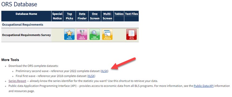A picture of the ORS databases menu with an arrow pointing to the ORS complete dataset.