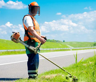 Groundskeeper using a weed whacker 