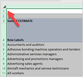 Red arrow showing how to click on the triangle in the upper left of the worksheet to Select All