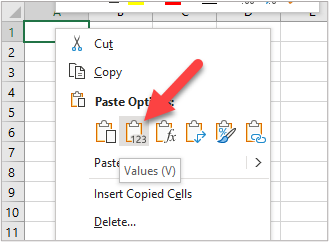 Graphic with red arrow pointing to where to select the Values icon under Paste Options