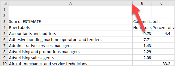 Red arrow showing where to place your cursor on the border of a column to expand its width