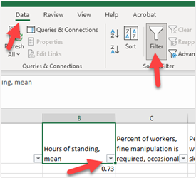 Graphic with red arrows showing how to turn on a filter tool by selecting the Filter icon in the Data tab