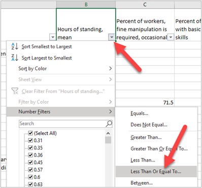 Graphic with red arrows showing where to use the Number Filters tool in the column drop down menu