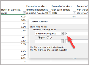 Graphic with a red arrow shows the “is less than or equal to” criteria in a numbers filter and where to add your value.