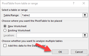 Image, letting one select a table or range within Excel with a red arrow pointing to the OK button