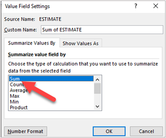 Graphic with red arrow pointing to the Sum option when selecting how to summarize the value field