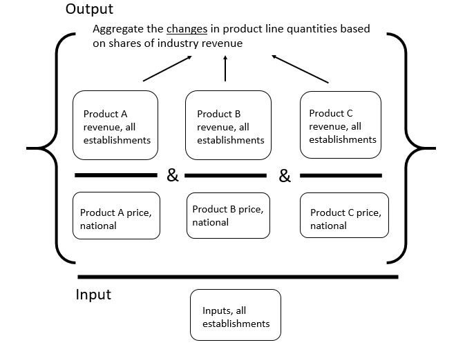 Graphic showing Output over Input.  Output aggregates the changes in product line quantities based on shares of industry revenue for all establishments.  Input is the inputs of all establishments.