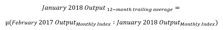 Formula depiction of the 12-month trailing average for retail output.