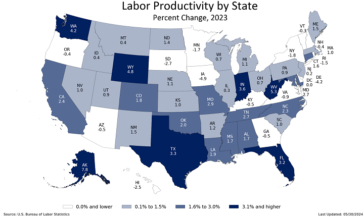 State map of labor productivity, 1-year percent change. Chart data are included in the linked table below.