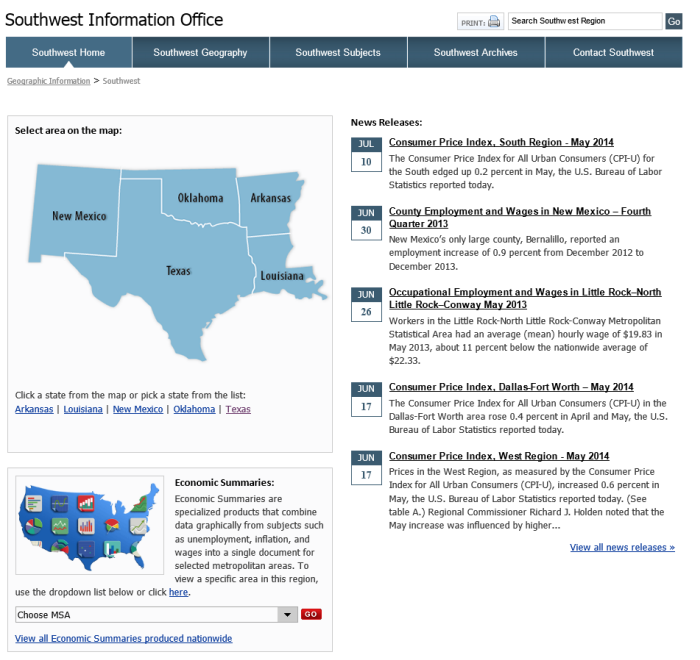 screenshot of the Southwest Information Office Home page