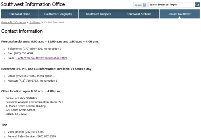 screenshot of the Southwest Information Office Contact page