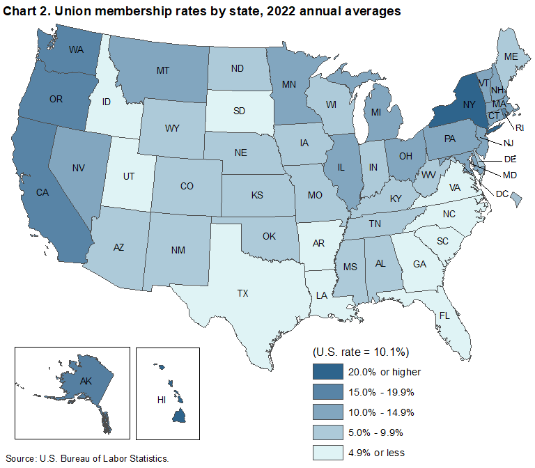 Chart 2. Union membership rates by state, 2022 annual averages