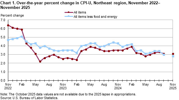 Line chart of 12-month percent changes in the CPI-U in the Northeast region from November 2022 to November 2025. Accessible version available in View Chart Data link below the chart.