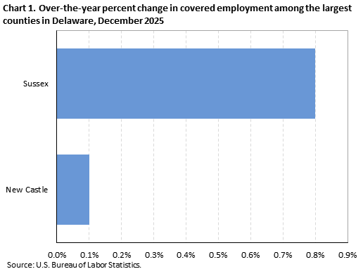 Horizontal bar chart showing over-the-year percent change in covered employment among the largest counties in Delaware in December 2025.