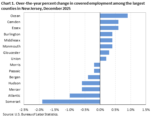 Horizontal bar chart showing over-the-year percent change in covered employment among the largest counties in New Jersey in December 2025.