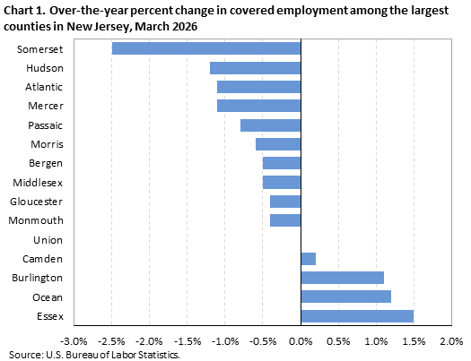 Horizontal bar chart showing over-the-year percent change in covered employment among the largest counties in New Jersey in March 2026. 