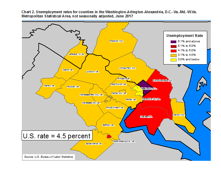Chart 2. Unemployment rates for counties in the Washington-Arlington-Alexandria, D.C.-Va.-Md.-W.Va. Metropolitan Statistical Area, not seasonally adjusted, June 2017