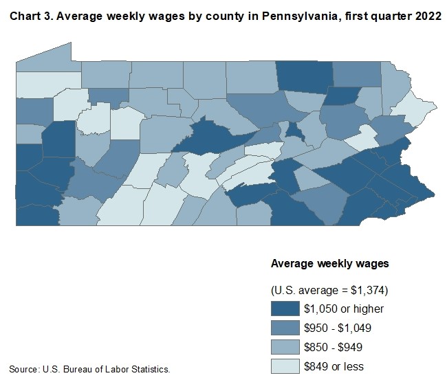 Chart 3. Average weekly wages by county in Pennsylvania, first quarter 2022 Chart 3. Average weekly wages by county in Pennsylvania, first quarter 2022