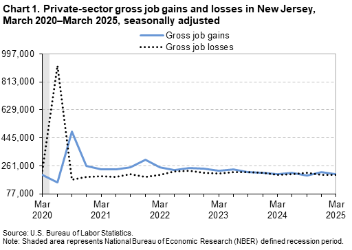 A line chart of private-sector gross job gains and losses in New Jersey, from March 2020 to March 2025, seasonally adjusted. Accessible version is available in View Chart Data link below the chart.