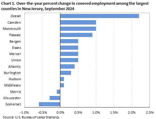 Horizontal bar chart of over-the-year percent change in covered employment among the largest counties in New Jersey, September 2024. Accessible version available in View Chart Data link below the chart. Horizontal bar chart of over-the-year percent change in covered employment among the largest counties in New Jersey, September 2024. Accessible version available in View Chart Data link below the chart.