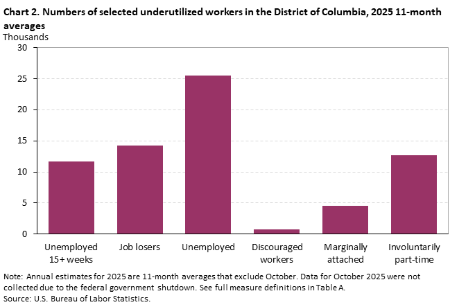 Chart 2. Bar chart of selected underutilized workers for the District of Columbia, 2025 11-month averages. An accessible version is available in View Chart Data link below the chart. Chart 2. Bar chart of selected underutilized workers for the District of Columbia, 2025 11-month averages. An accessible version is available in View Chart Data link below the chart.
