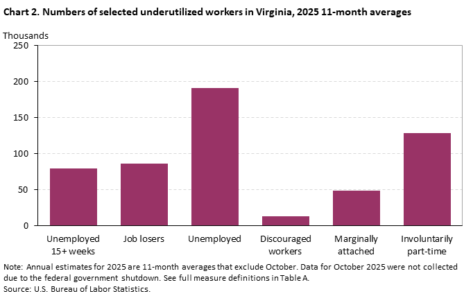 Bar chart of the 2025 annual 11-month averages for selected underutilized workers in Virginia. An accessible version is available in View Chart Data link below the chart. Bar chart of the 2025 annual 11-month averages for selected underutilized workers in Virginia. An accessible version is available in View Chart Data link below the chart.